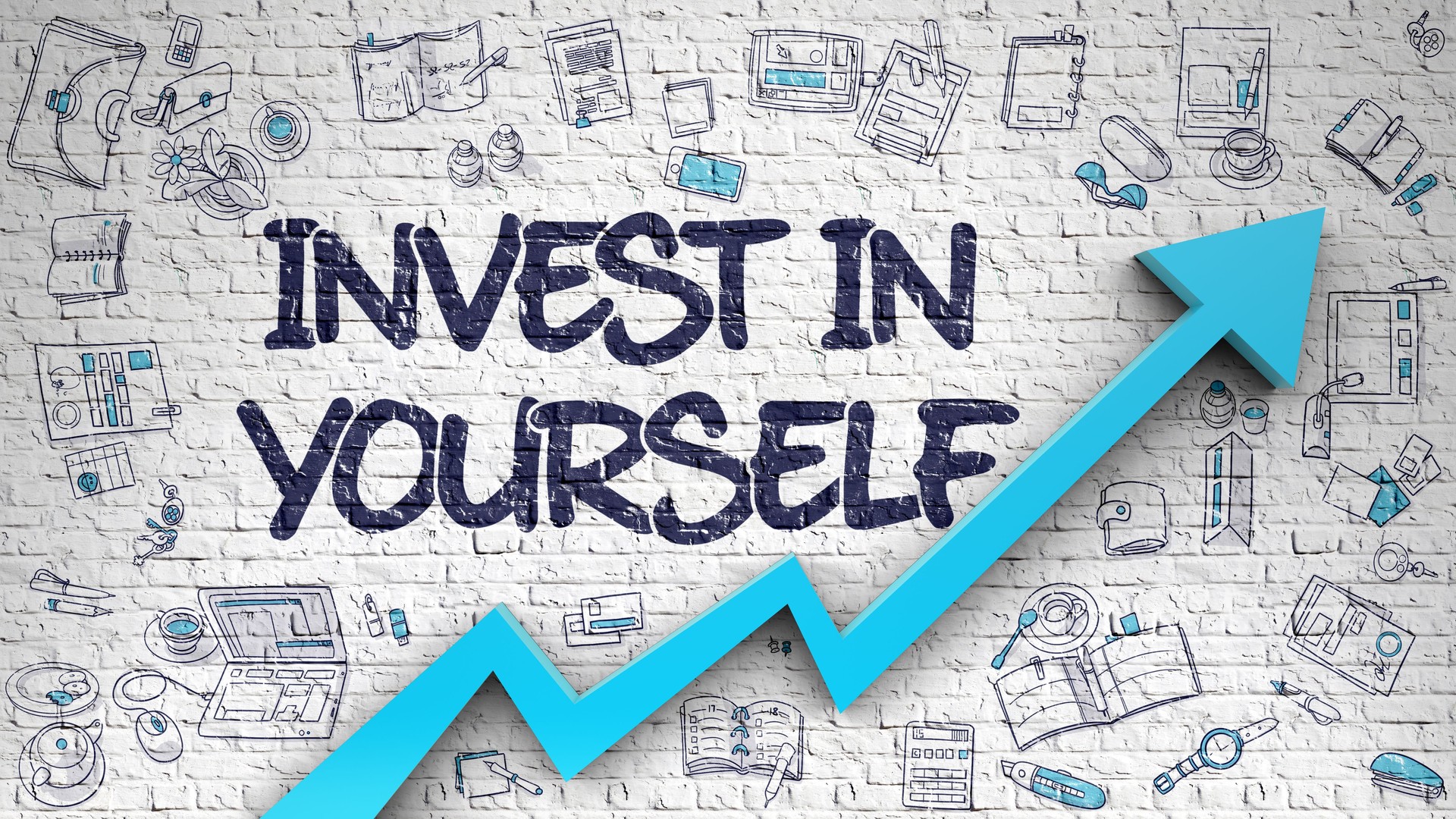 Invest In Yourself Drawn on White Brick Wall. 3D